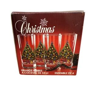 Vintage 1988 Action Christmas Tree Hi Ball Glasses Set 4 MCM USA w/ Box 11 oz